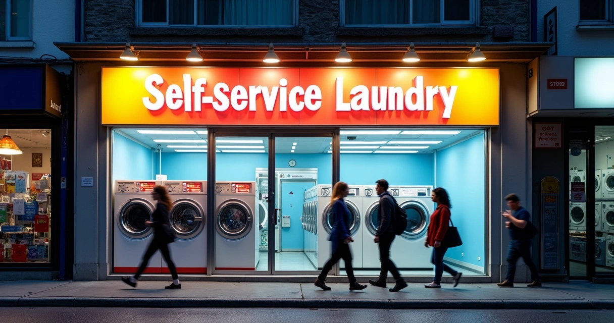 Fachada de lavanderia movimentada com clientes entrando 