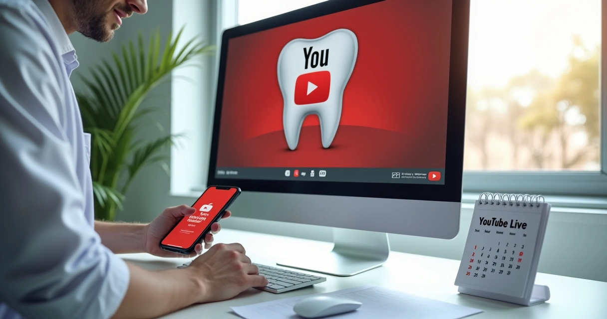 Dentista preparando banner de divulgação de Live no YouTube