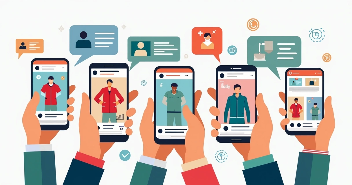 Redes sociais com imagens de roupas e promoções online 