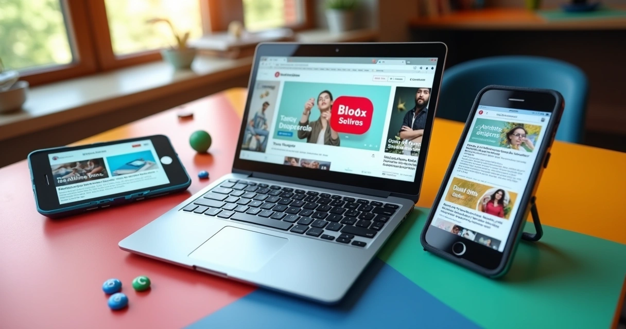 Diferentes dispositivos mostrando links de afiliados em redes sociais, blogs e e-mail 