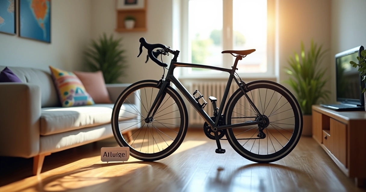 Foto bem iluminada de uma bicicleta parada em uma sala, prestes a ser anunciada para aluguel em grupo online 