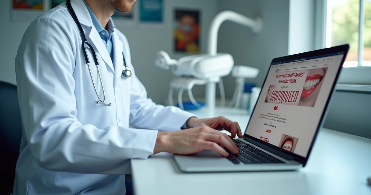 Dentista digitando anúncio proibido em notebook 