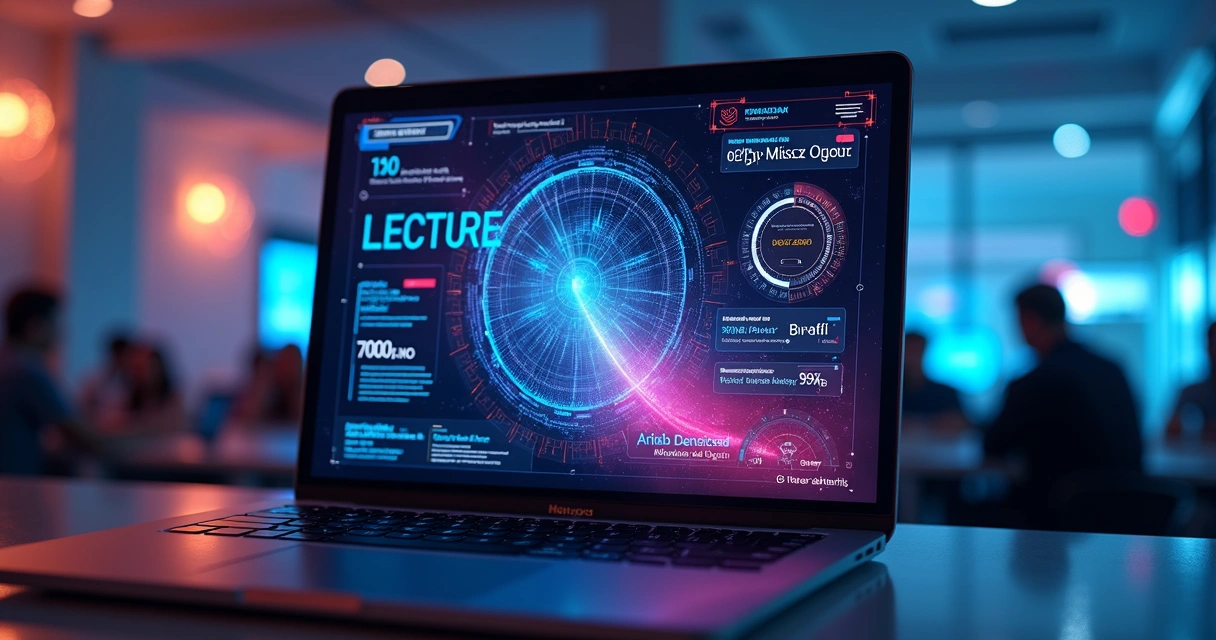 Cartaz digital de evento de palestra em associação apresentado em tela de notebook 