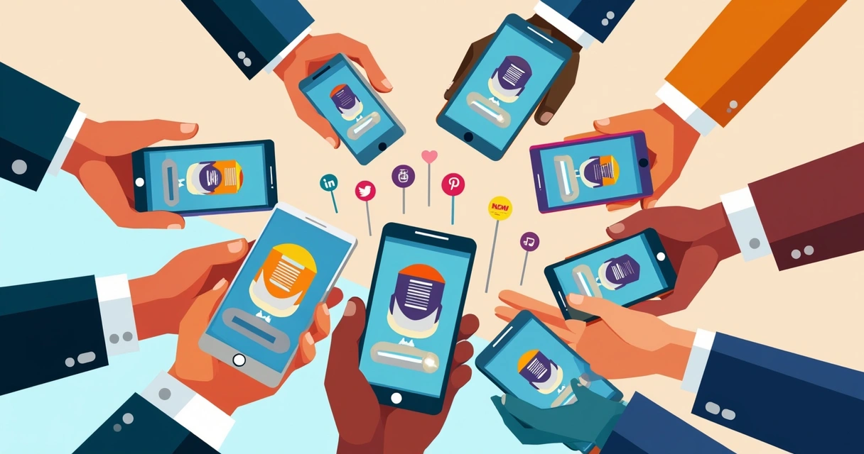 Telas de celular mostrando diferentes podcasts sendo compartilhados em redes sociais 