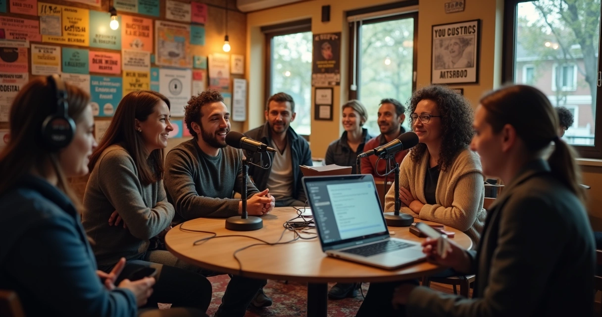 Equipe divulgando podcast político em ambiente comunitário 