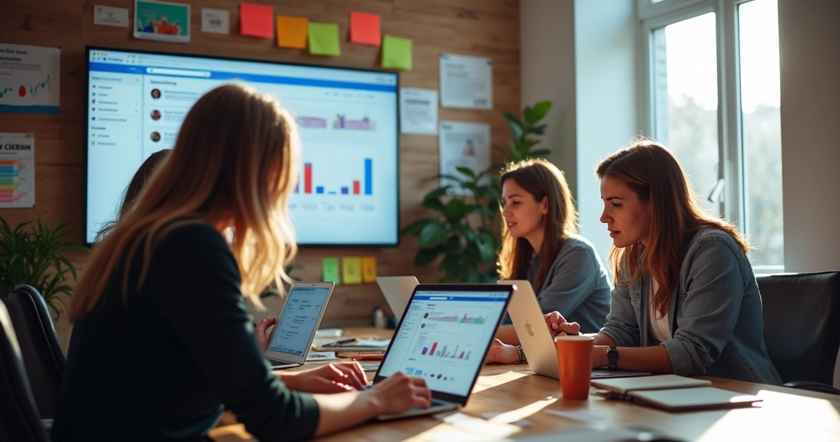 Equipe de campanha política em ação nas redes sociais, utilizando celulares e computadores 