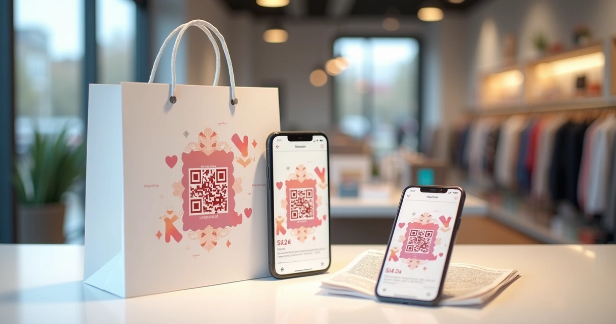 Material impresso com QR code de loja ao lado de sacola e celular 