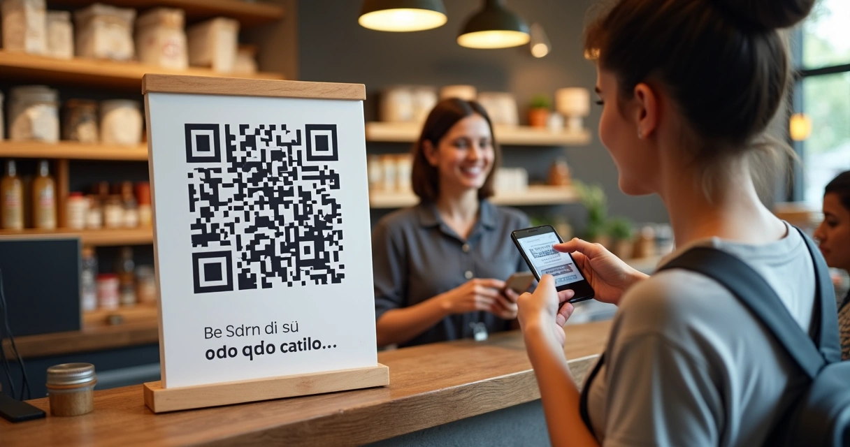 Banner de divulgação de QR Code em balcão de loja brasileira 