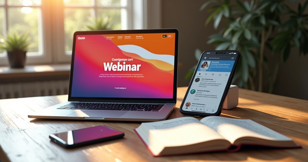 Notebook exibindo landing page de webinar, celular com redes sociais abertas e caderno de anotações ao lado 