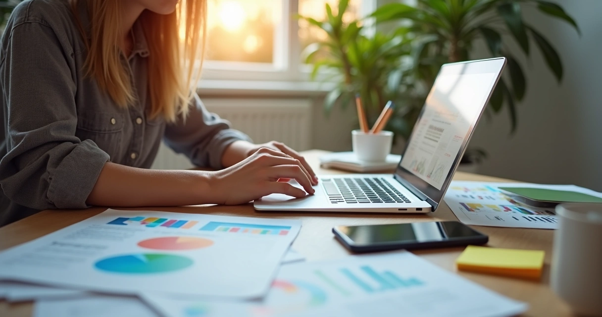 Profissional analisando planos de divulgação online em mesa com notebook 