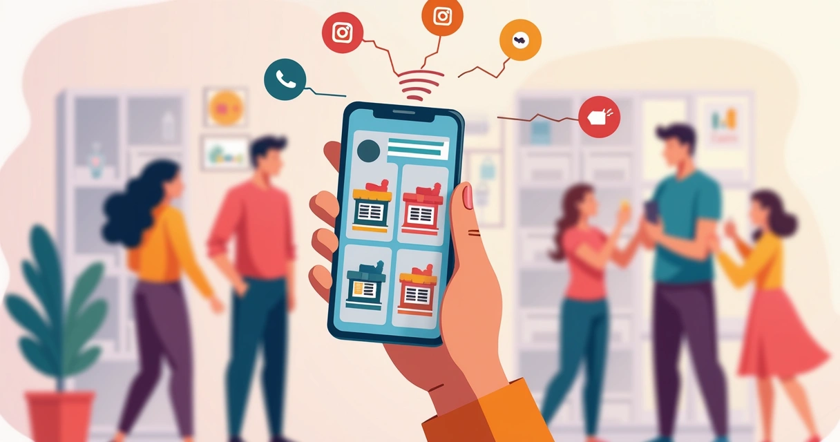 Pessoa usando celular divulgando catálogo digital em redes sociais, com ícones do WhatsApp e Instagram 