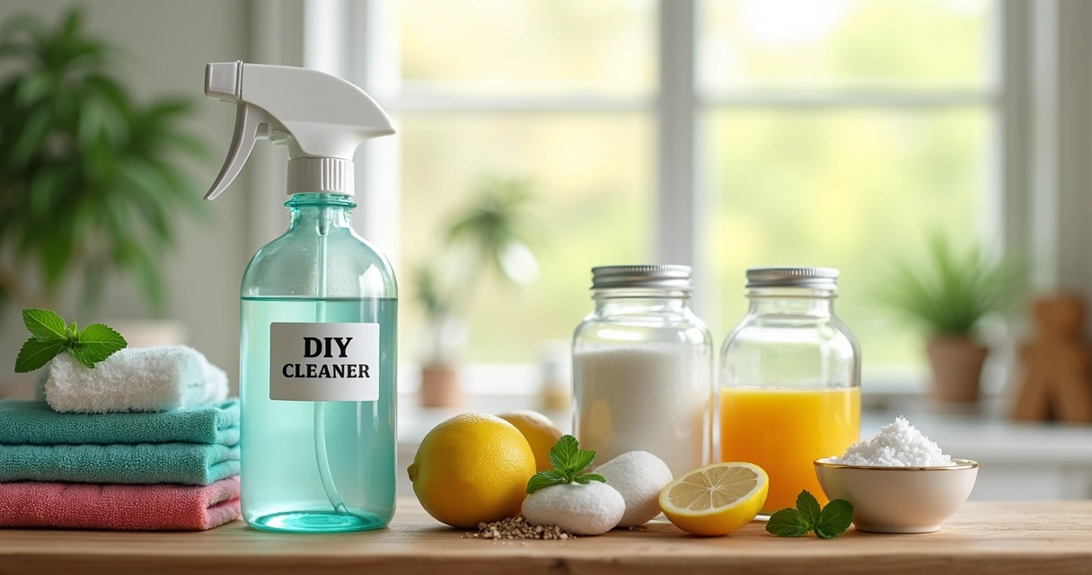 Homemade cleaning product jars with labels and ingredients on a table 