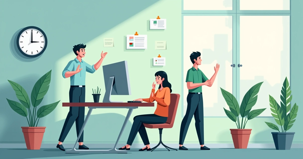 Ilustração de uma pessoa pensando em dizer não a um pedido em um ambiente de trabalho. Pessoas e elementos de foco.