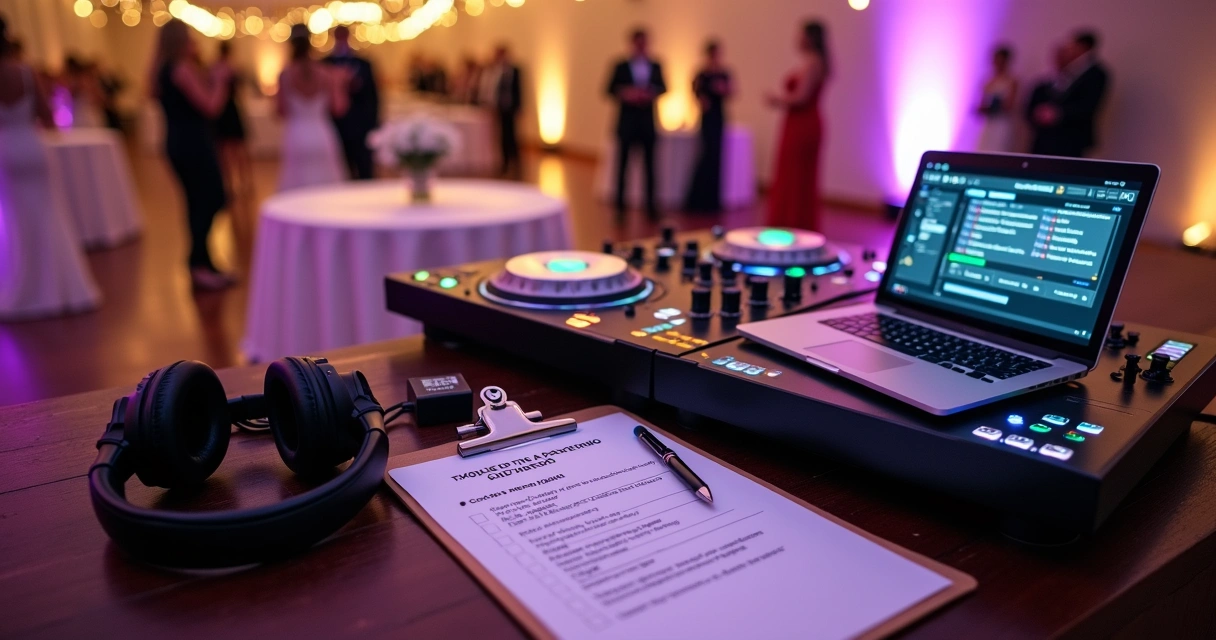 Mesa de som com checklist ao lado em festa de casamento elegante 