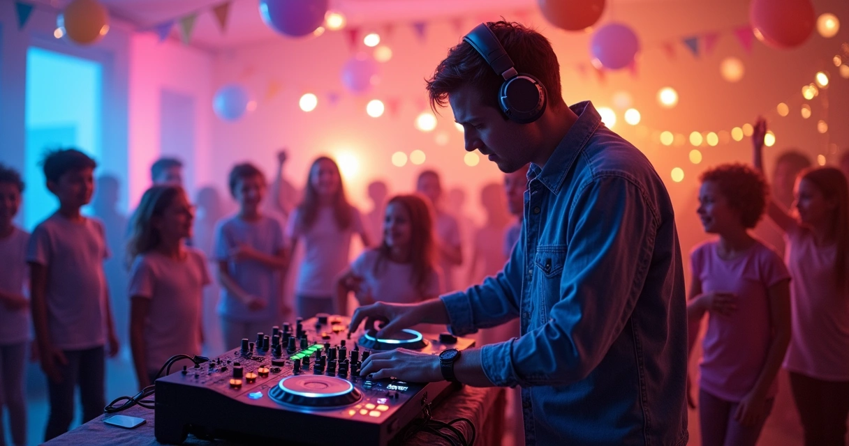 DJ trabalhando em uma festa infantil com crianças dançando em volta 