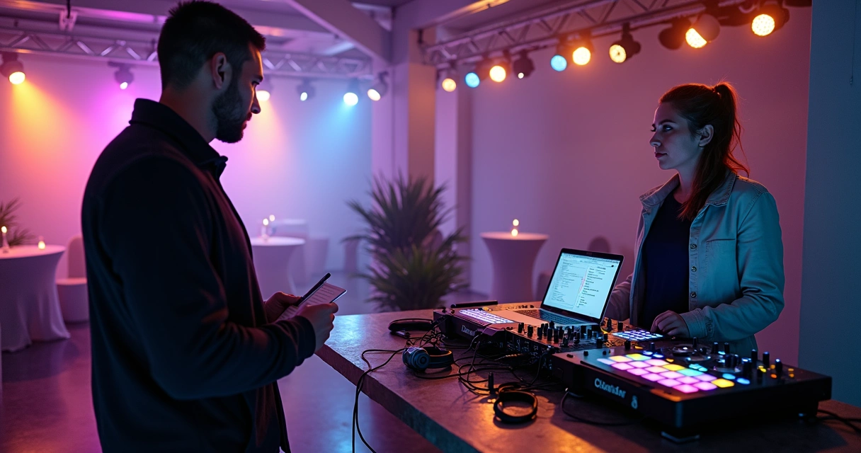 Organizador falando com DJ em cabine de som antes da festa começar 
