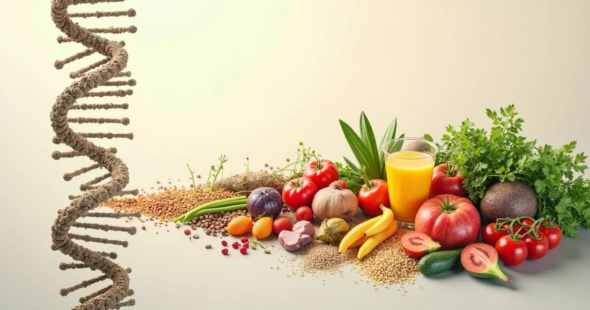 Ilustração de hélice de DNA próxima de alimentos variados em fundo claro