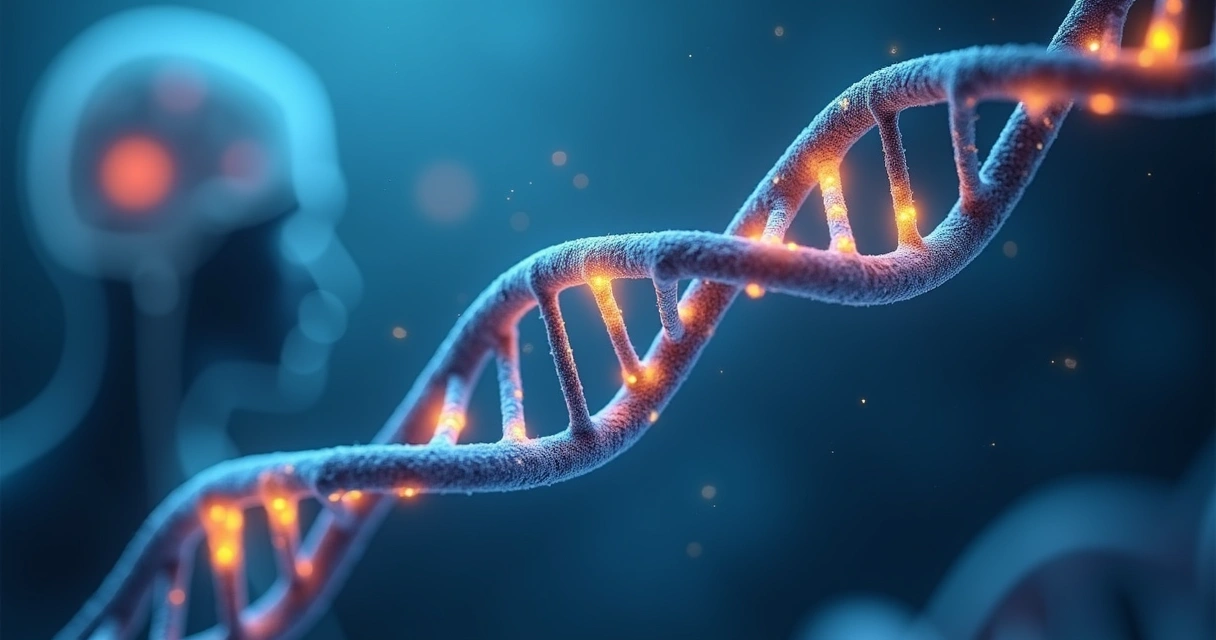 DNA strand modified by stress, blue lighting, gene expression changes 