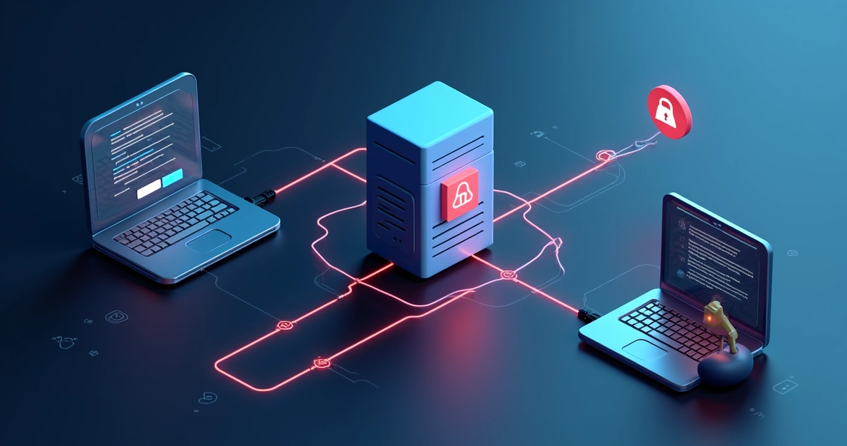 Esquema 3D ilustrando o fluxo de dados do DNS entre usuário e servidor, com caminhos desviando para um site fraudulento