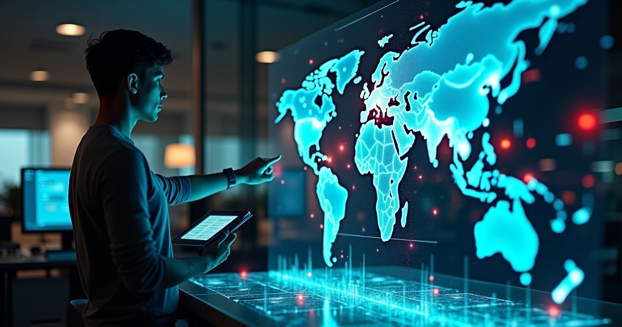 Profissional de startup apontando para mapa digital com bloqueio de ameaças DNS 