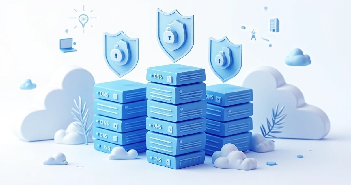 Ilustração de servidores DNS protegidos por escudo digital 
