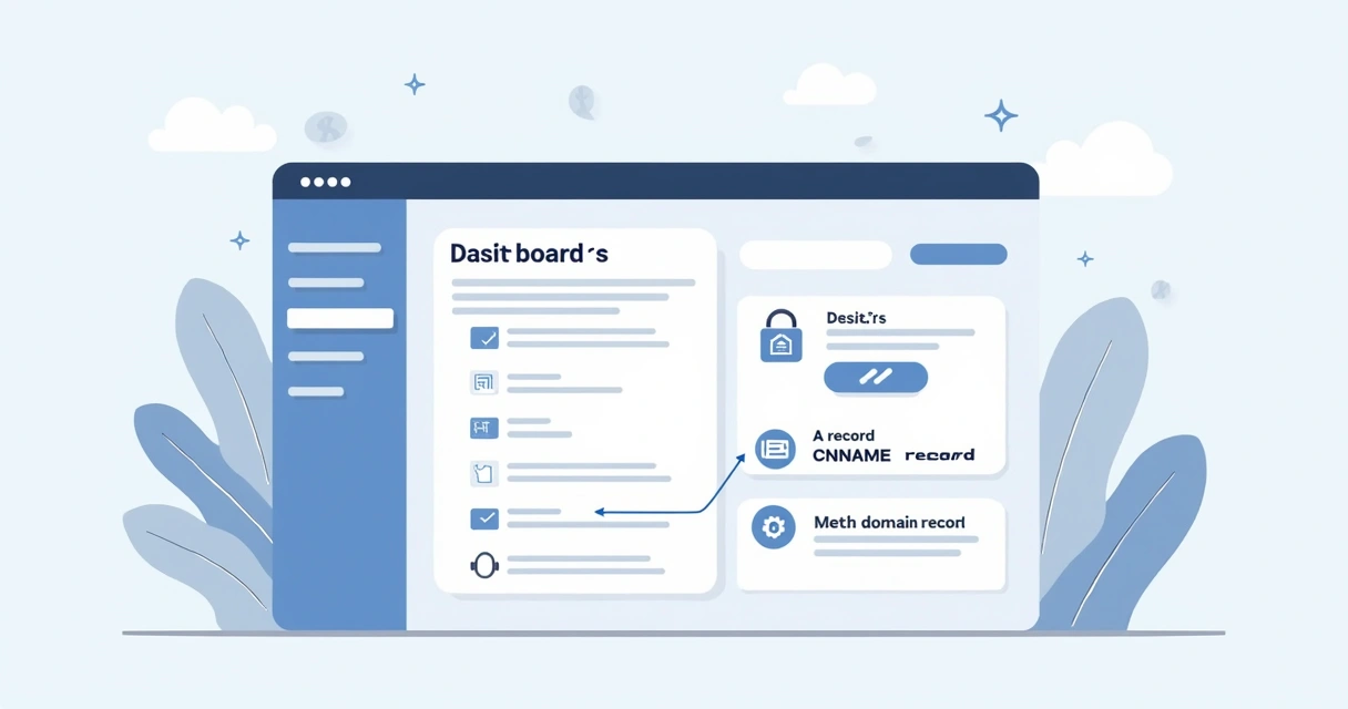Ilustração de painel de configuração DNS com campos de A e CNAME para redirecionamento de domínio 