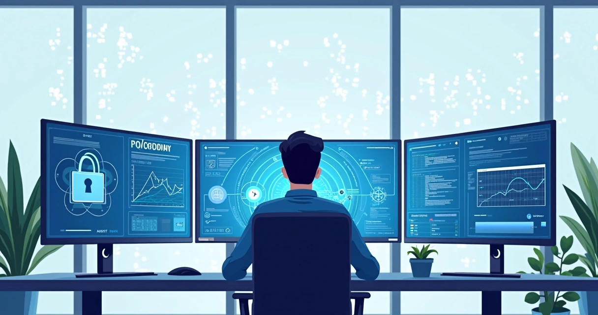 Analista de TI analisando segurança DNS em vários monitores 