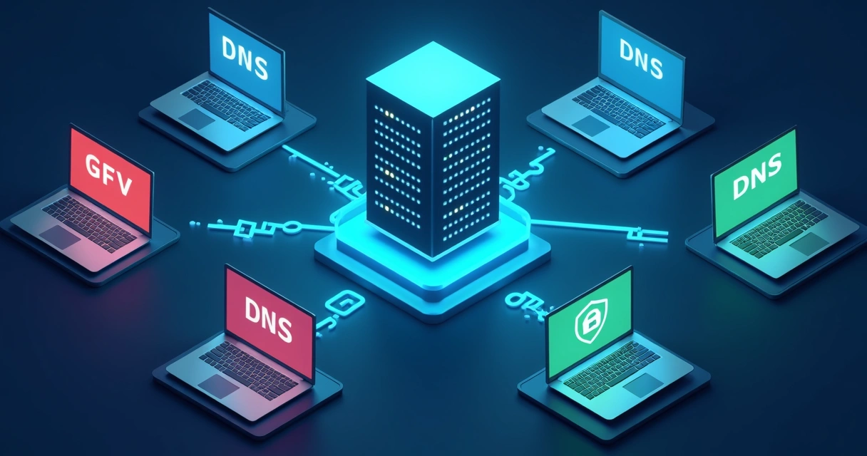 Ilustração de usuários conectados à internet por meio de DNS seguro.