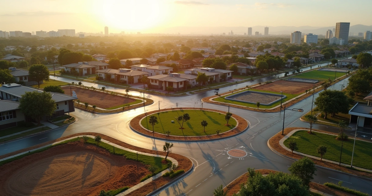 Vista aérea de loteamento mostrando áreas verdes e ruas destinadas ao município 