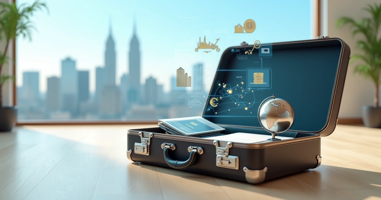 Mala aberta com passaporte, globo terrestre e ícones digitais de ativos e moedas ao redor 