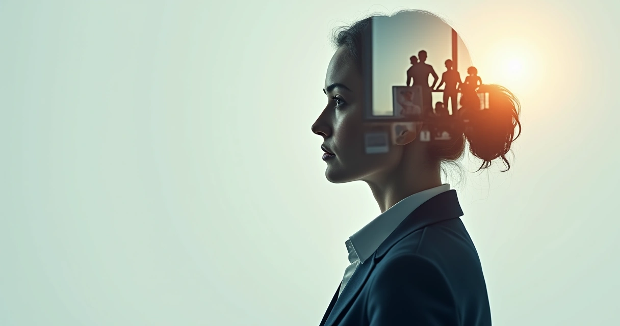 Perfil de profesional superpuesto con escena de familia en segundo plano 