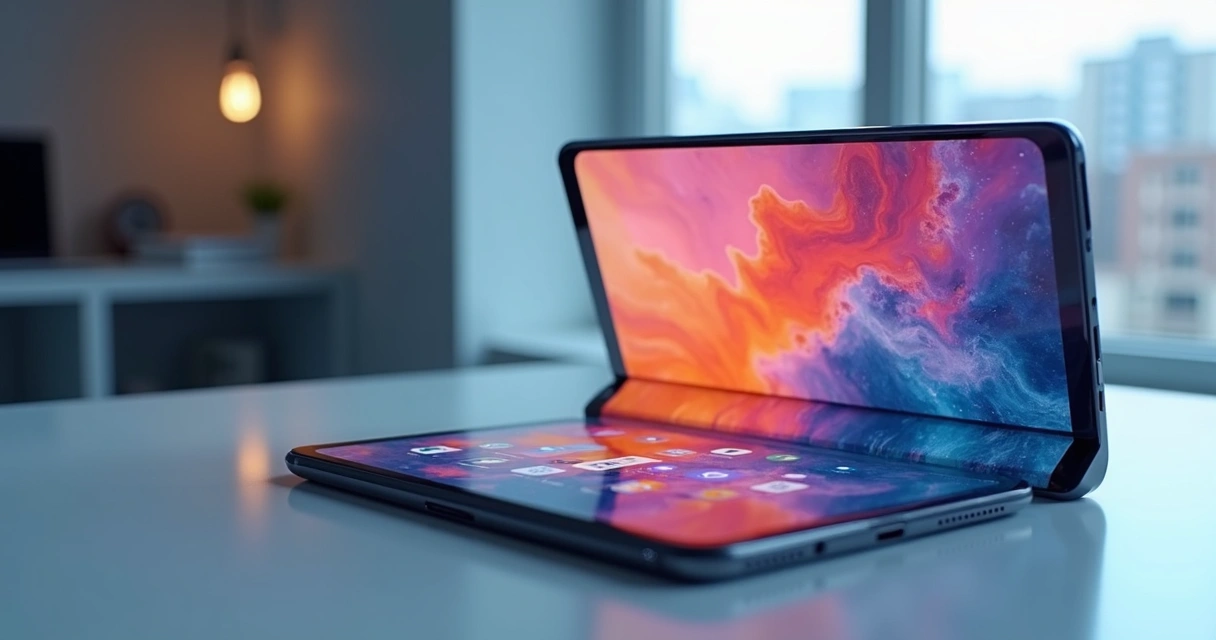 Smartphone dobrável aberto e fechado com telas grandes 