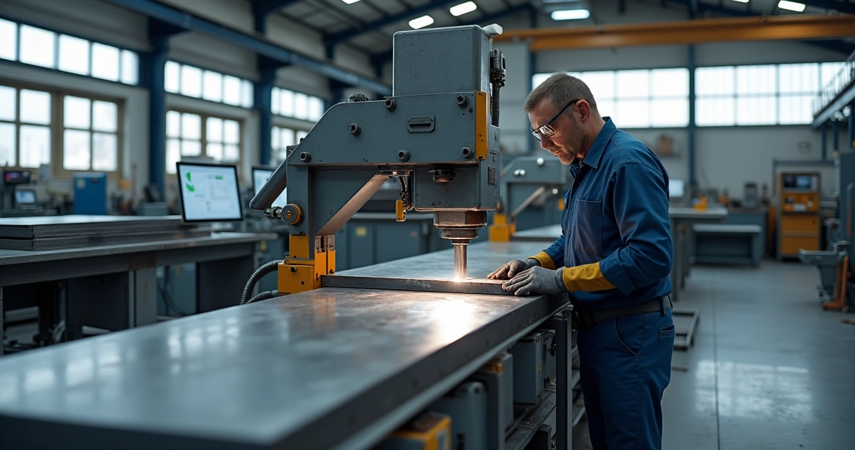 Máquina dobradeira de chapas metálicas funcionando em ambiente industrial organizado 