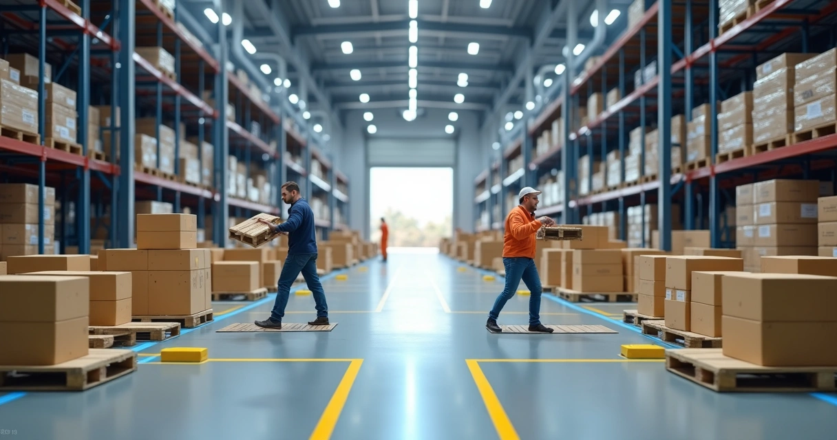 Docas com pallets em triagem e movimentação de cargas no armazém 