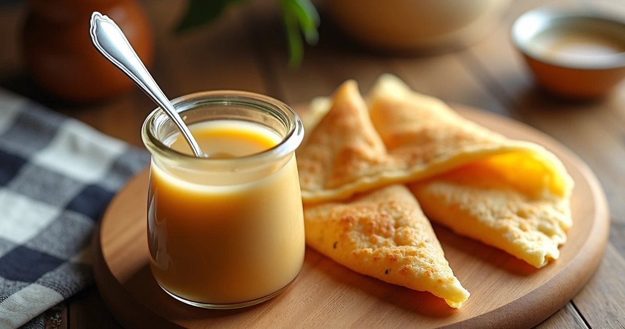 Doce de leite em pote aberto ao lado de crepes prontos 
