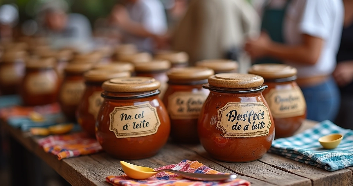 Diversos potes de doce de leite artesanais em uma feira, com etiquetas em português. 