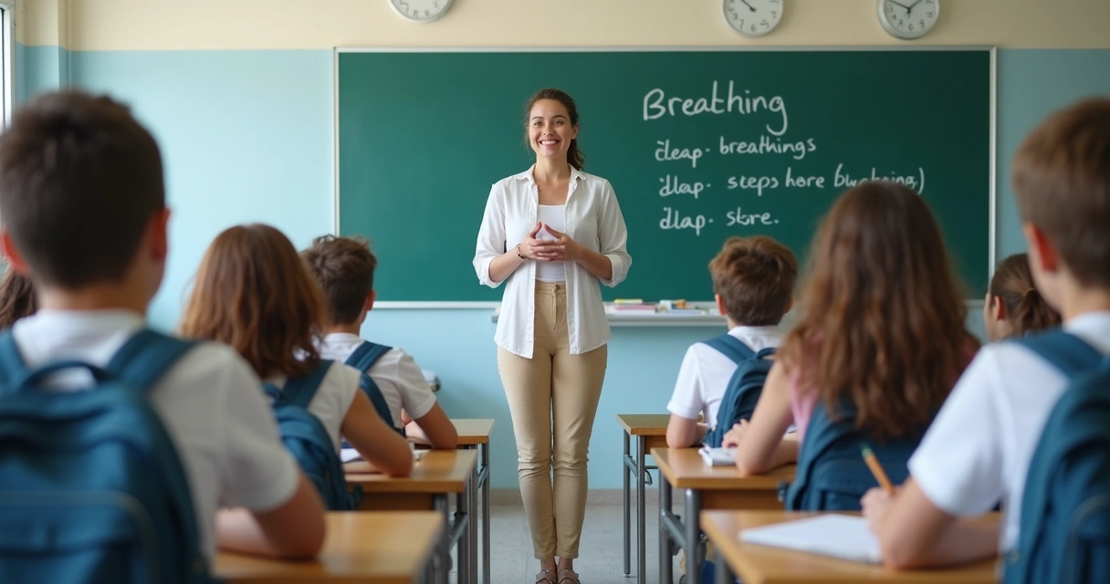Docente guiando respiración consciente en clase