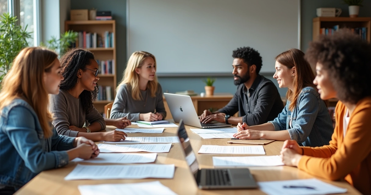 Docentes colaborando en una mesa de trabajo 