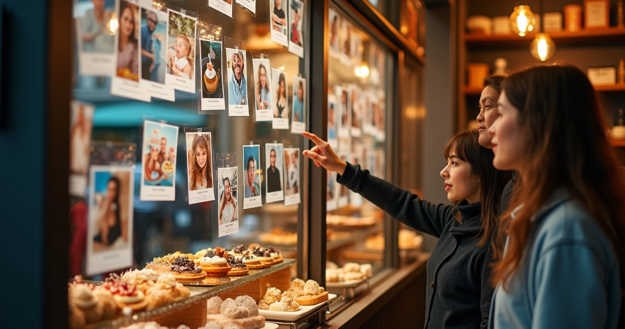 Doceria de bairro com vitrine mostrando posts de clientes 