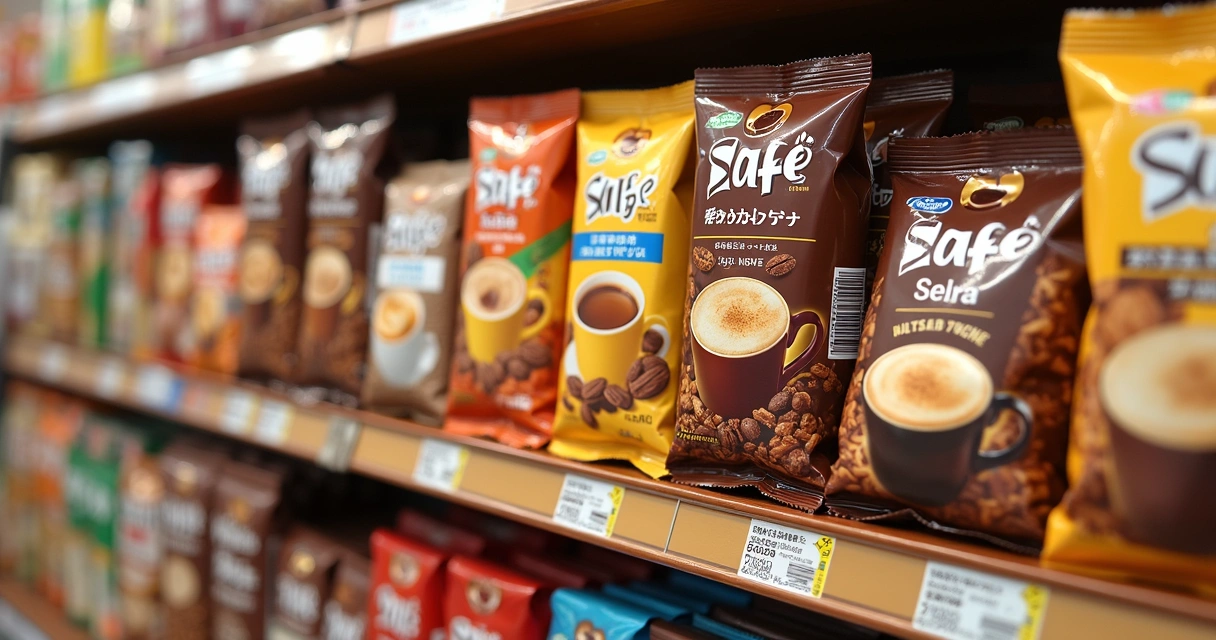 Doces e balas de café japoneses expostos em prateleira colorida 