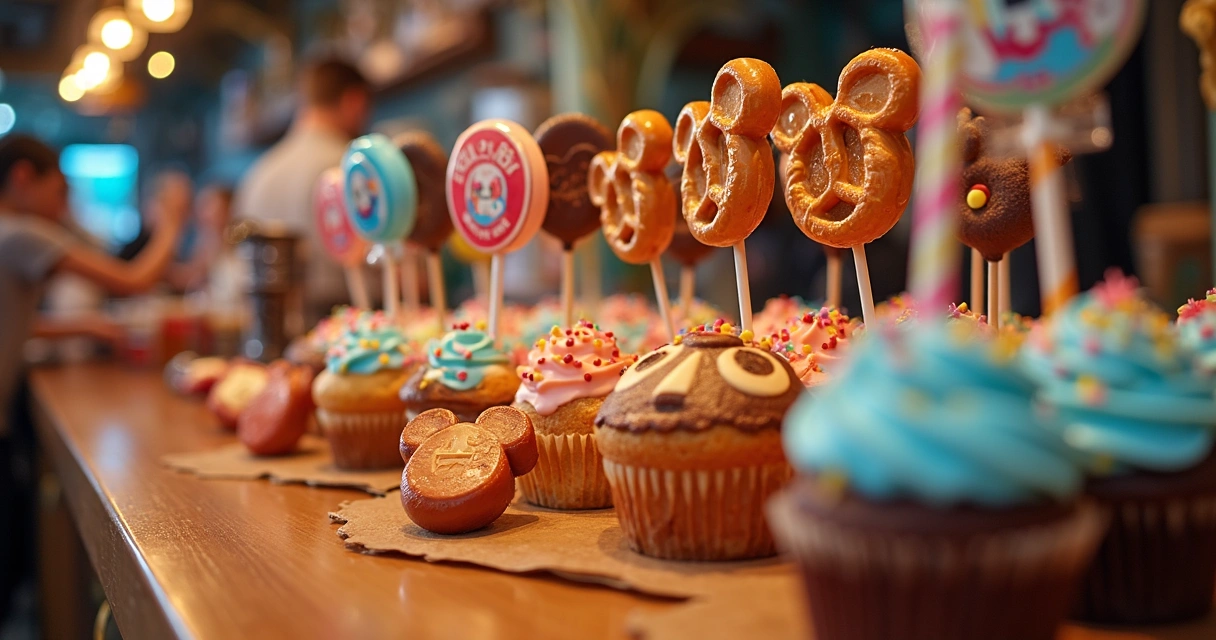 Doces temáticos e snacks coloridos em balcão de parque em Orlando 