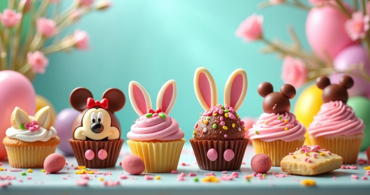 Doces de Páscoa decorados com personagens Disney em uma vitrine colorida 