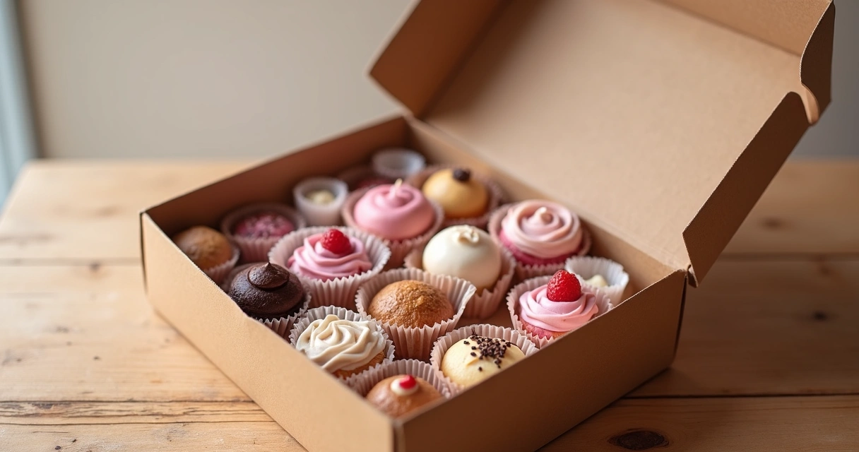 Caixa de doces variados preparada para entrega de delivery 