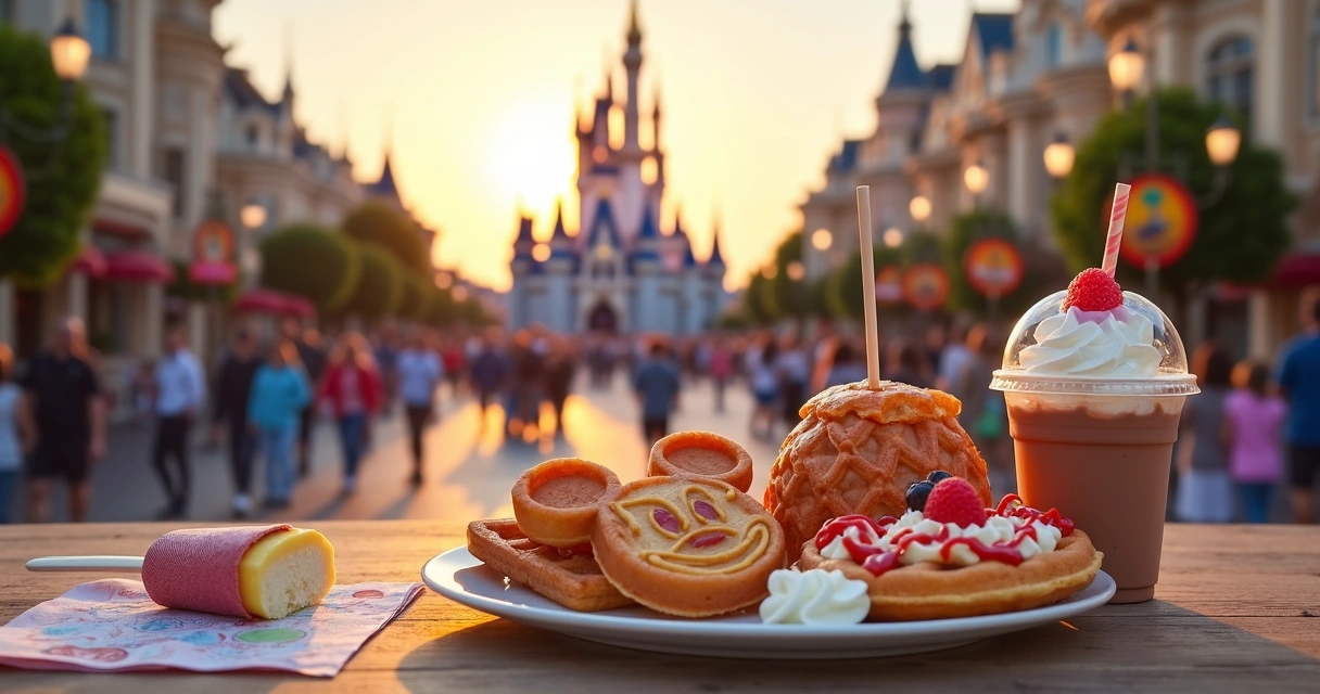 Variedade de doces da Disney em frente ao castelo no Magic Kingdom 