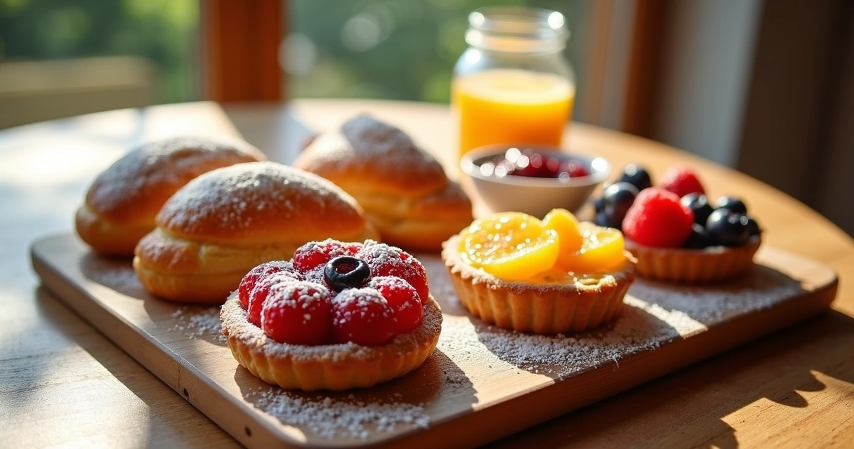 Tábua de doces franceses com madeleines, éclairs e tarteletes 