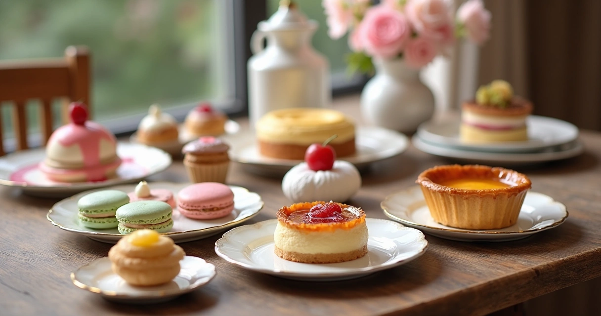 Vários doces franceses clássicos organizados em uma mesa de madeira clara, com louças delicadas e detalhes de flores 