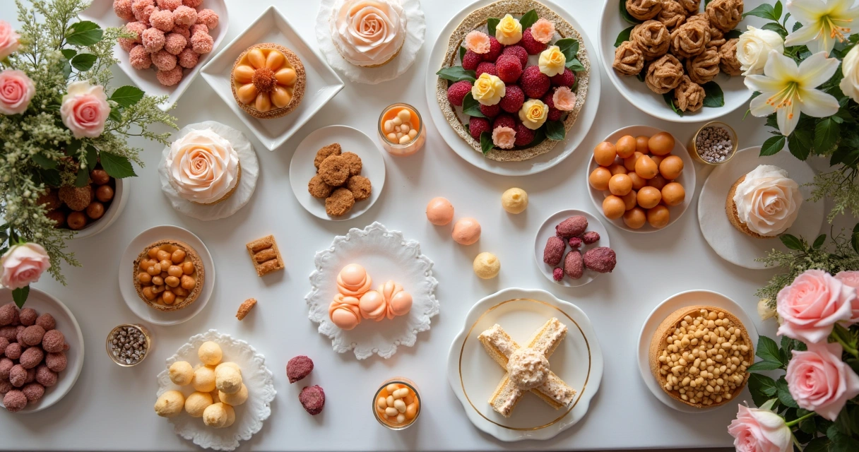 Mesa de doces decorada com flores em festa de casamento 