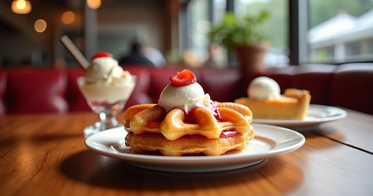 Prato com funnel cake, sorvete francês e torta de maçã em uma mesa.