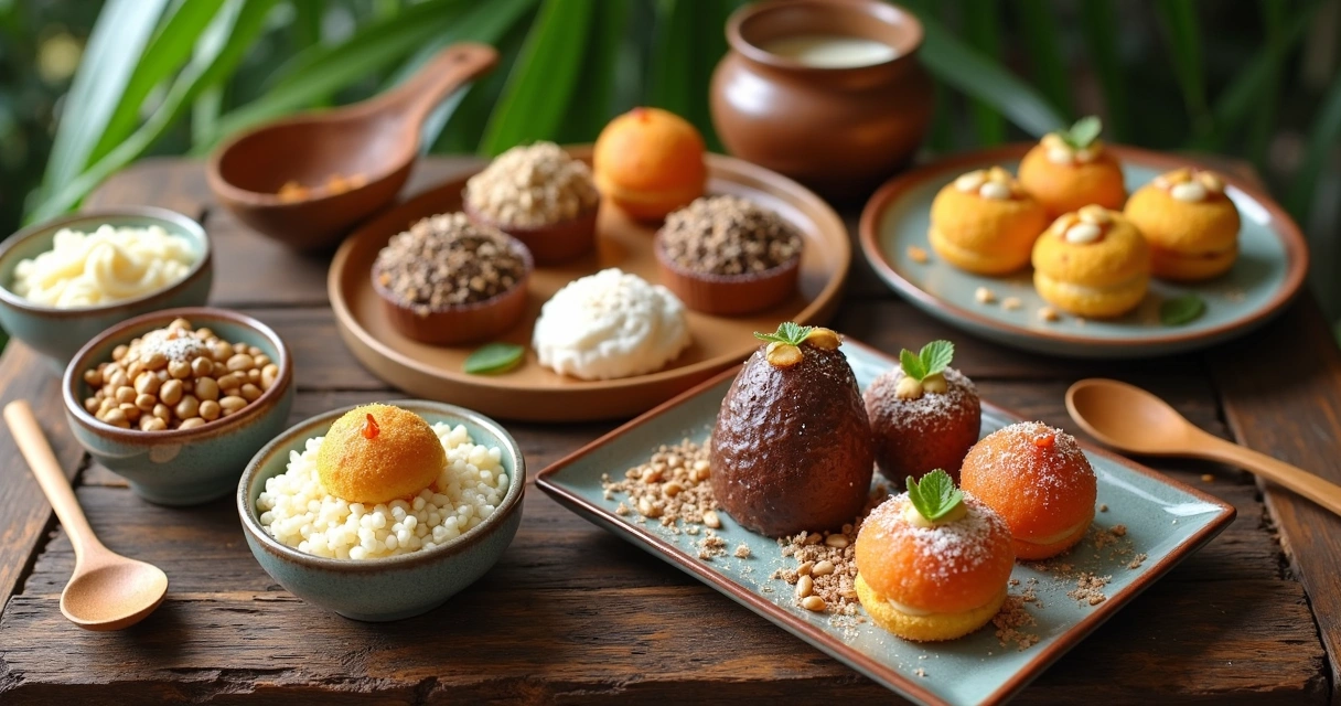 Seleção colorida de doces sem lactose em uma mesa rústica, incluindo brigadeiro, arroz-doce e bolos pequenos 