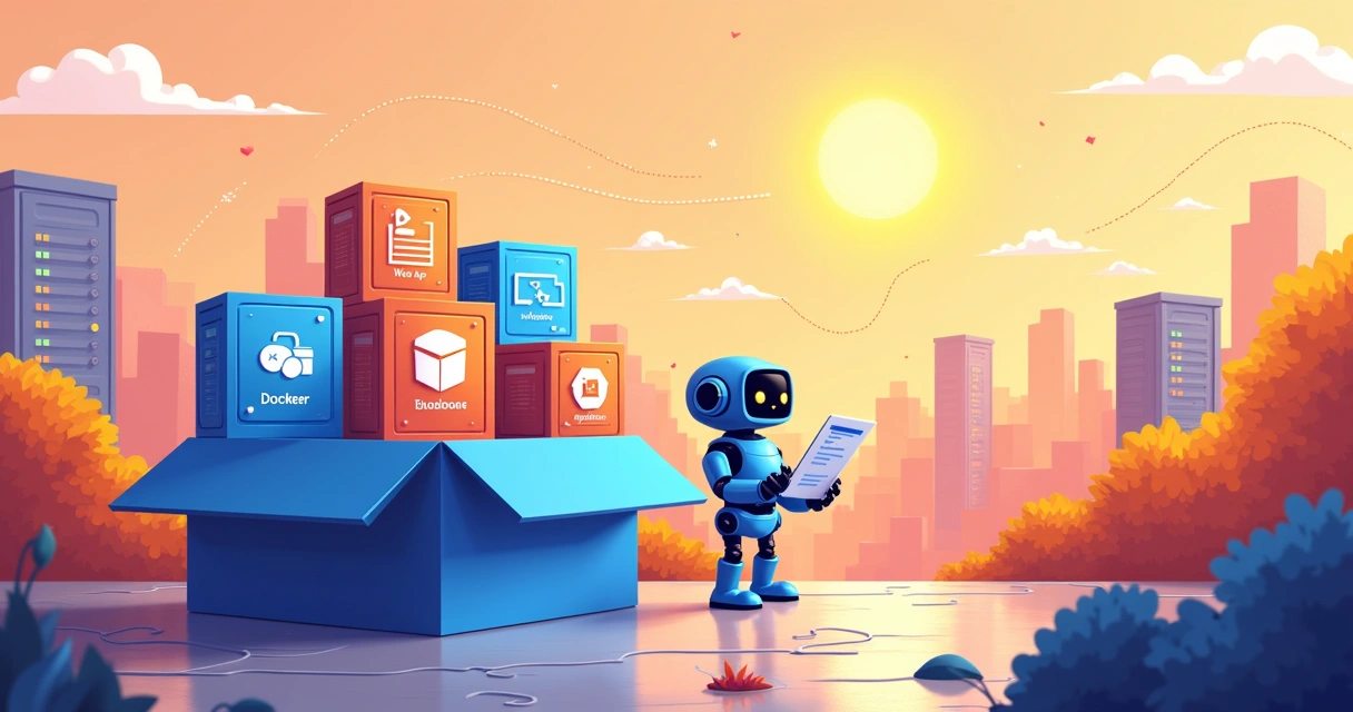 Ilustração de Docker como uma caixa grande e aberta, com aplicações coloridas, gerenciada por um robô Kubernetes.
